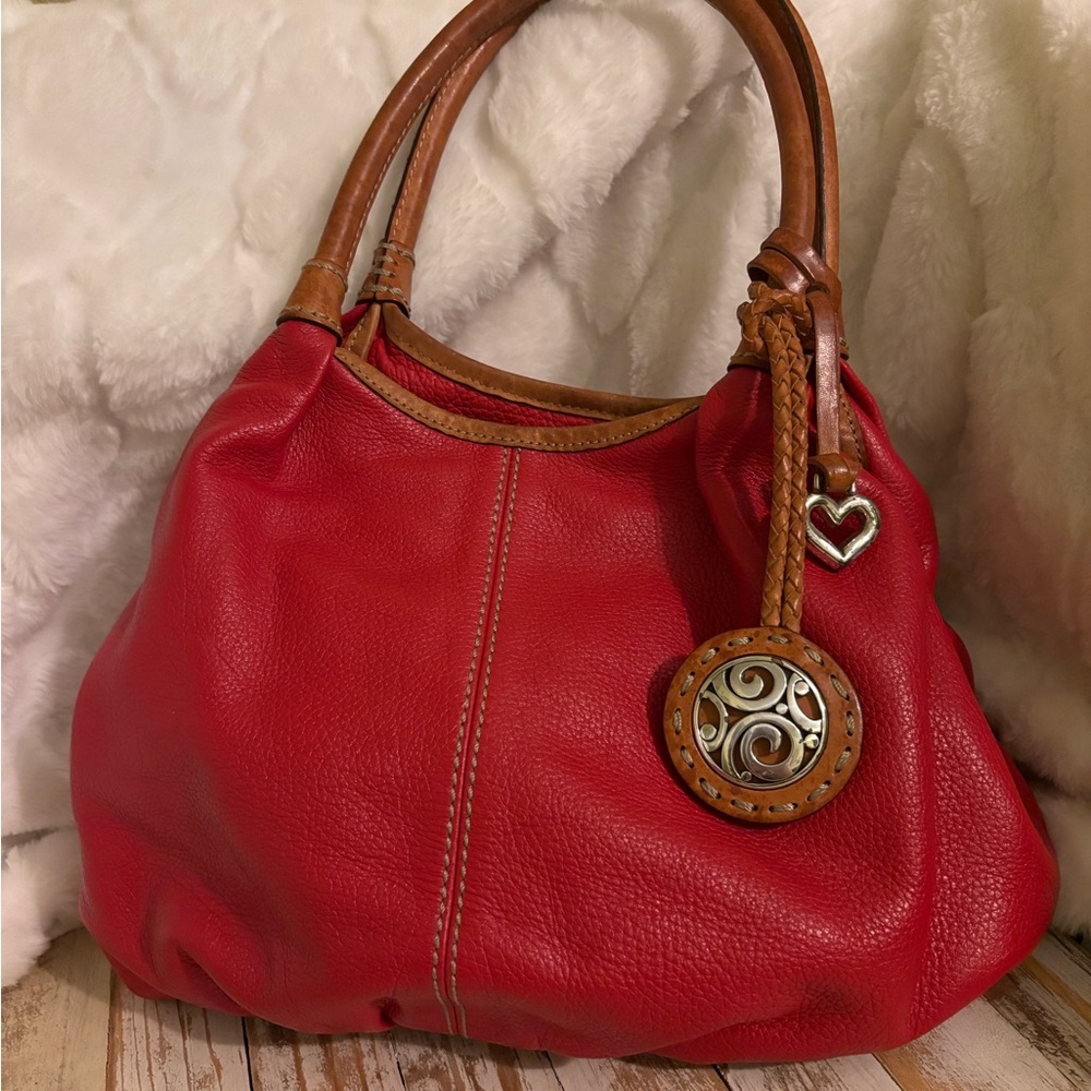 Brighton Tatum Red Leather Hobo Satchel Brown leather Handle
